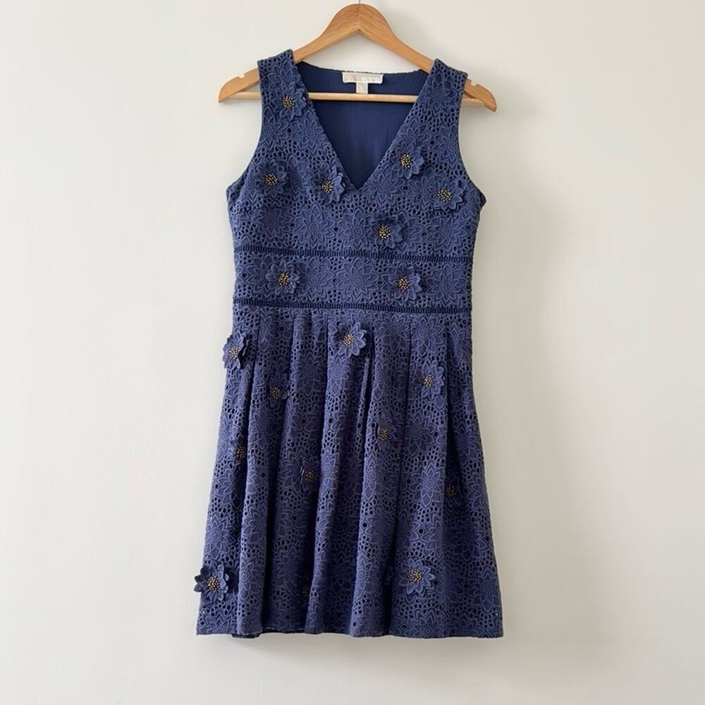 Michael Michael Kors Navy Floral Appliqué Fit & Flare Dress Blue Gold Size 6